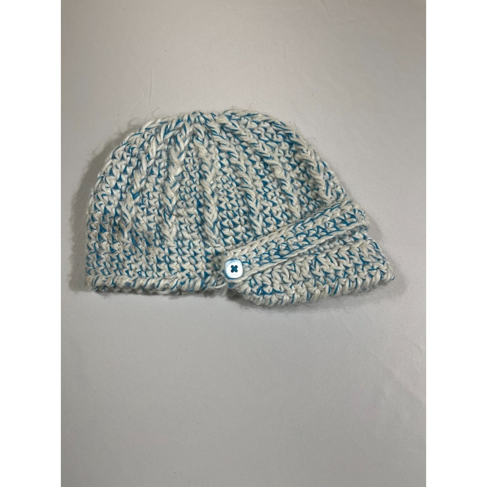 Pistil Blue White Chunky Knit Beanie Hat Button Brim Boho Winter Aesthetic
